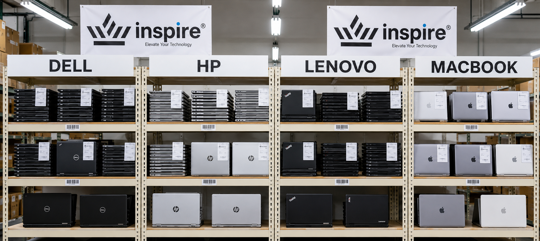 Graded stock on the racks — Dell, HP, Lenovo and MacBook, tested and labelled